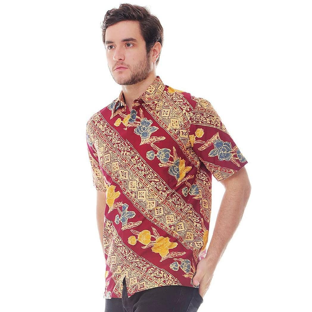 Batik Pria Kemeja Lengan Pendek Cap Motif Kembang Seling